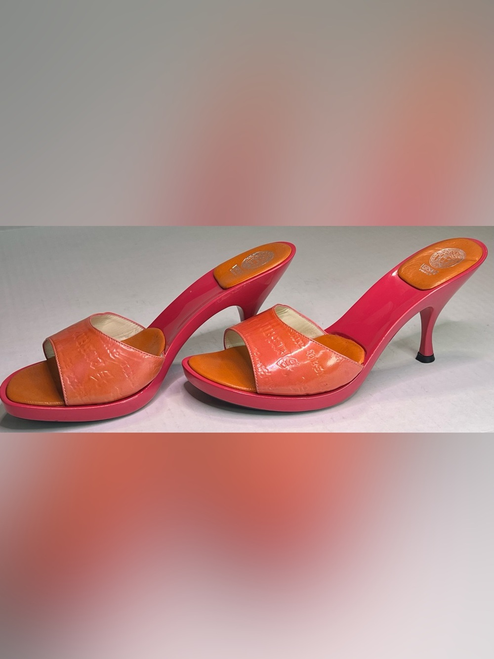Vintage Versace Medusa Platform Mule Heels Pink Coral Orange Leather Size 39 Y2K - Picture 5 of 12